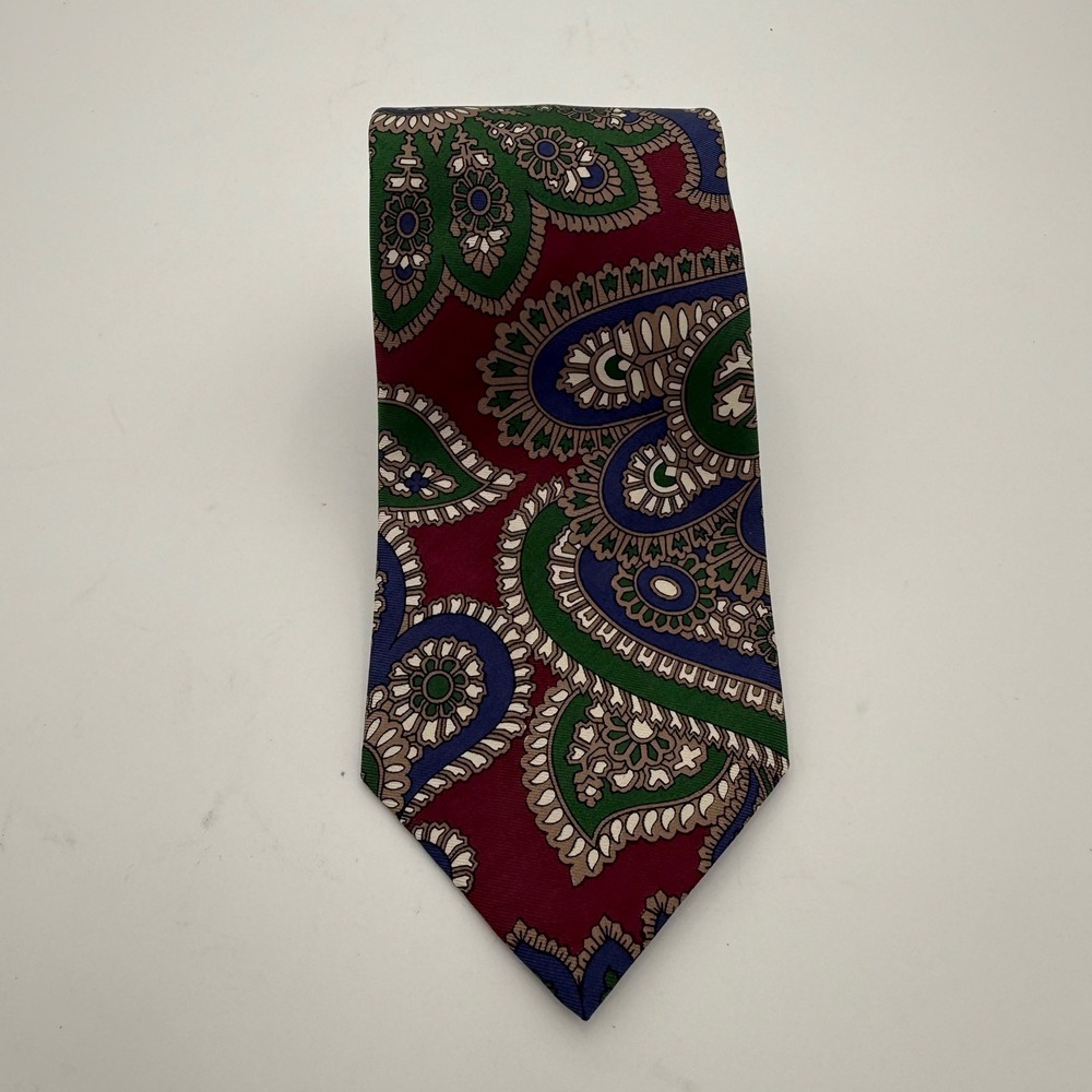 Polo Ralph Lauren Neiman Marcus Mens Silk Tie Paisley Burgundy Green Blue EUC
